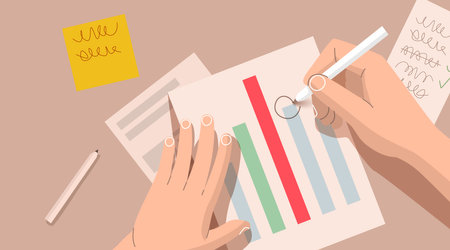 Flat design illustration of man or woman hands writing with pencil on sheet of paper with analysis and financial chart.のイラスト素材