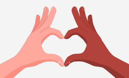 Multiracial hands folded together in a heart shape. The concept of equality and diversity.