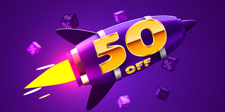 50 percent Off. Discount creative composition with rocket. Mega Sale.のイラスト素材