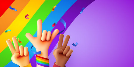 Rising multiethnic Hands celebrate pride month on LGBT rainbow flag background. Peoples rights movement, diversity concept.のイラスト素材
