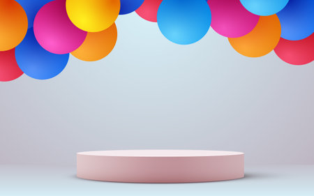 Abstract podium background with colorful baloons. Product presentation, mock up, show cosmetic product, Podium, stage pedestal or platform.のイラスト素材