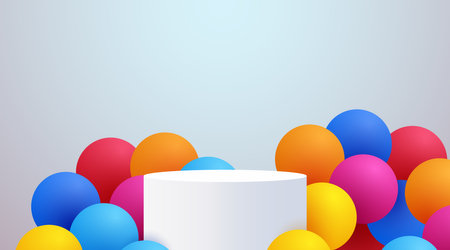 Abstract podium background with colorful baloons. Product presentation, mock up, show cosmetic product, Podium, stage pedestal or platform.のイラスト素材