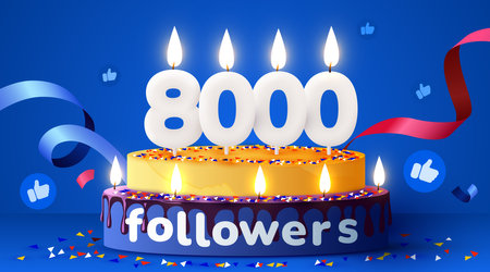 8k or 8000 followers thank you. Social Network friends, followers, subscribers and likes. Birthday cake with candles.のイラスト素材