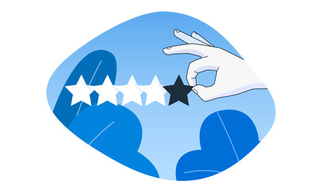 Hand pointing five gold star rating. Simple outline style.のイラスト素材