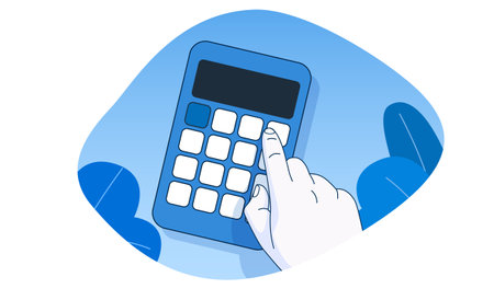 Hand makes calculations using calculator. Simple outline style.のイラスト素材