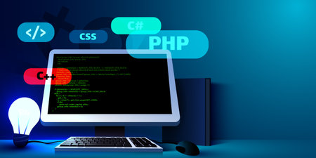 Web development, coding and programming futuristic banner. Computer code on computer.のイラスト素材