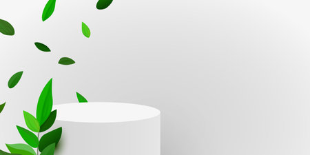 Abstract eco scene background. Cylinder podium with leaves. Product presentation, mock up, show natural cosmetic product. Podium, stage pedestal or platform.のイラスト素材
