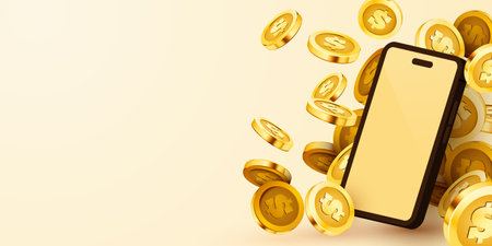 Smartphone with flying coins. Mobile investment concept.