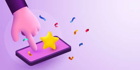User puts an excellent rating in the mobile application. Cartoon hands with smartphone and rating star.のイラスト素材