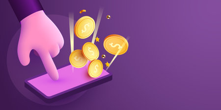 Easy online payments concept with cartoon 3D hand, phone and coin, Business and money. Online earnings.のイラスト素材