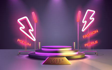Electro scene mega sale, danger podium banner, neon night pedestal. Vectorのイラスト素材