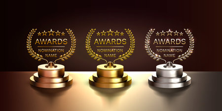 Awards nomination name podium, awards golden prize event, first place, second place, third place, scene star ceremony. Vector illustrationのイラスト素材
