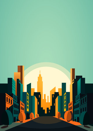 Sunset or sunrise Modern city skyscrapers panorama of tall buildings, urban background.のイラスト素材