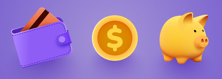Set of financial icons objects. Wallet, coin and piggy bank.のイラスト素材