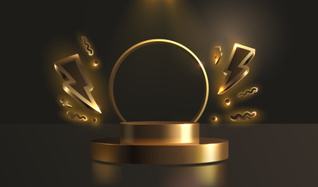 Scene mega sale, the lightning symbol, super offer podium banner, golden pedestal. Vector illustrationのイラスト素材