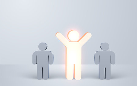 Stand out from the crowd. One glowing light man standing with arms wide open among other people.のイラスト素材