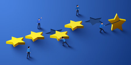 Group of people give five stars. Customer feedback.