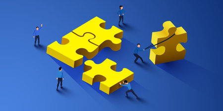 Group of people assemble jigsaw puzzle. Partnership concept.のイラスト素材