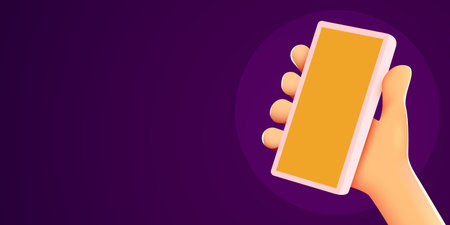 Cute cartoon hand holding mobile smart phone. Modern mockup.のイラスト素材