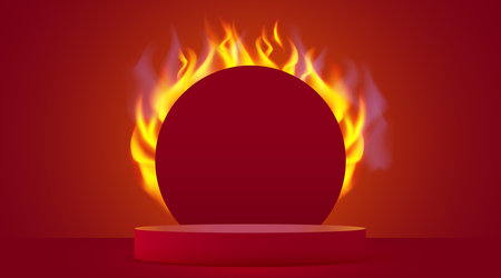 Abstract scene background. Cylinder podium in fire. Product presentation, mock up, show cosmetic product, Podium, stage pedestal or platform.のイラスト素材