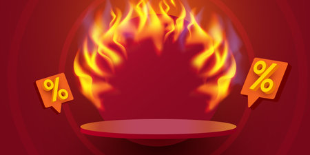 Flaming discount sale podium. Special offer composition.のイラスト素材
