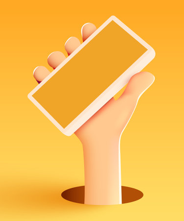 Cute cartoon hand holding mobile smart phone. Modern mockup.のイラスト素材