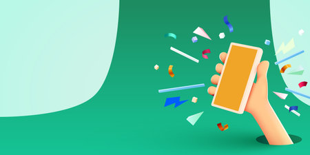 Cute cartoon hand holding mobile smart phone. Modern mockup.のイラスト素材