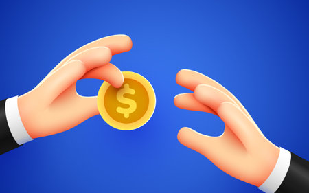 Hand holds a coin and gives it to another. Salary, charity and finance concept. Modern 3d style.のイラスト素材