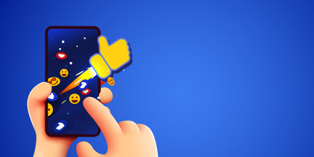 Cute cartoon hand holding mobile smartphone with Likes notification icons. Social media and marketing concept.のイラスト素材