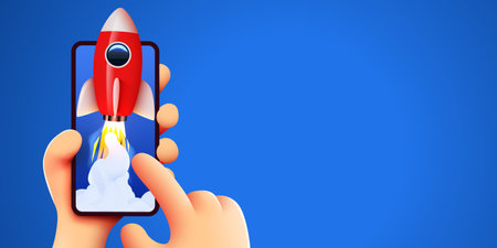 Cute cartoon hand holding mobile smartphone with launching rocket. Social media and marketing concept.のイラスト素材