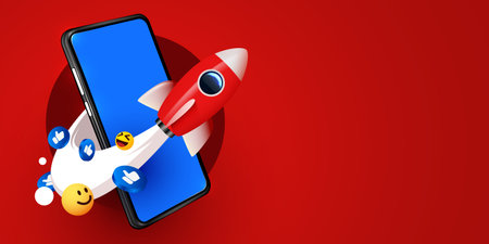 Smartphone with flying rocket and social media icons. Social media and marketing concept.のイラスト素材