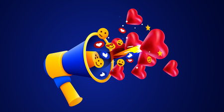 Megaphone with flying social media symbols. Business announcement concept.のイラスト素材