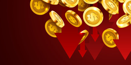 Down arrows and flying coins. Crisis and loss concept.のイラスト素材