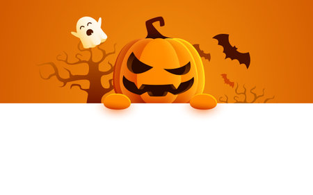 Pumpkin character greeting template. Halloween pumpkin holding greeting white board with space for messages.のイラスト素材