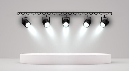 Studio spotlights. Realistic photo studio with podium and professionals equipment.のイラスト素材