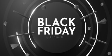 Premium black friday promo banner. Black circle frame with white neon background.のイラスト素材