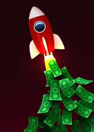 Rocket launching with smoke and dollar flying money. Business start-up concept.のイラスト素材