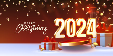 Marry Christmas 2024, happy new year, golden numbers 3d, gifts and toys near the tree.のイラスト素材