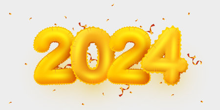Happy New 2024 Year. Holiday balloon numbers 2024 with confetti. Festive poster or banner design.のイラスト素材