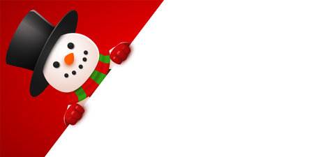 Happy smiling snowman standing behind a blank sign. Christmas and New year banner.のイラスト素材