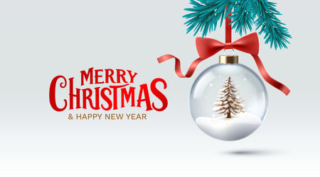 Merry Christmas, glass New Years ball with Christmas tree and snow. Vector illustrationのイラスト素材