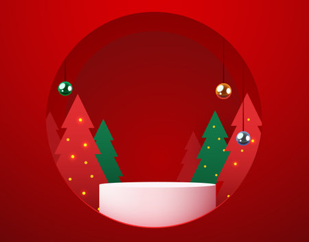 Winter Christmas red background with round podium and Christmas decorations.のイラスト素材