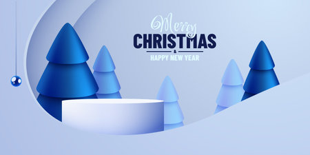 Winter Christmas red background with round podium and Christmas decorations.のイラスト素材