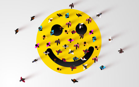 Large group of people standing around smiling emoji. People crowd. Top view.のイラスト素材
