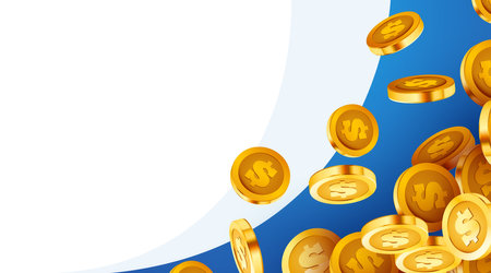 Falling coins, falling money, flying gold coins, golden rain. Jackpot or success concept. Modern background.のイラスト素材