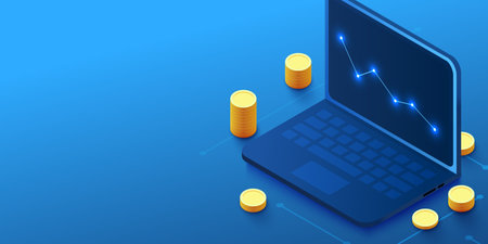 Business strategy and planning. Data analysis and investment. Business success. Computer with infographic elements. Design for presentation.のイラスト素材