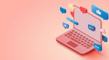 Isometric laptop with chat bubbles.のイラスト素材