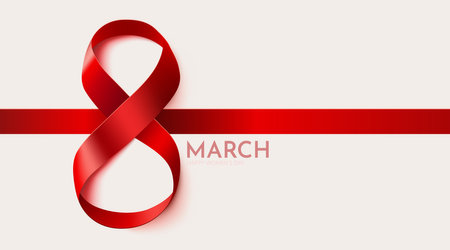 International Womens Day Banner. Flyer for March 8 with red ribbon decor. Number 8.のイラスト素材