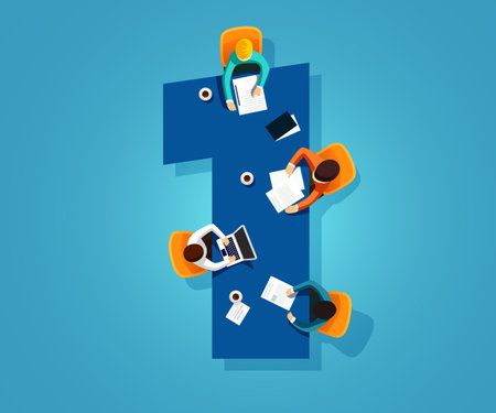 Number 1. Team works together at a table in the shape of the number one. Creative font.のイラスト素材