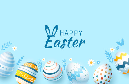 Easter holiday, hare with a basket of Easter eggs, Easter bunny and eggs. Vector illustrationのイラスト素材